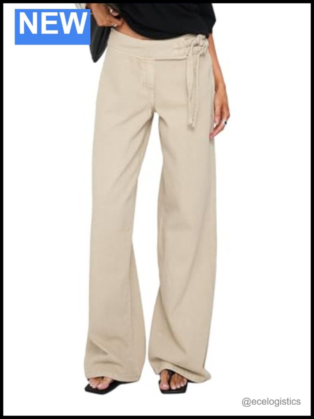 Women's Tie-Side Mid Rise Wide Leg Jeans 100% Cotton Regular Fit Hook Zip